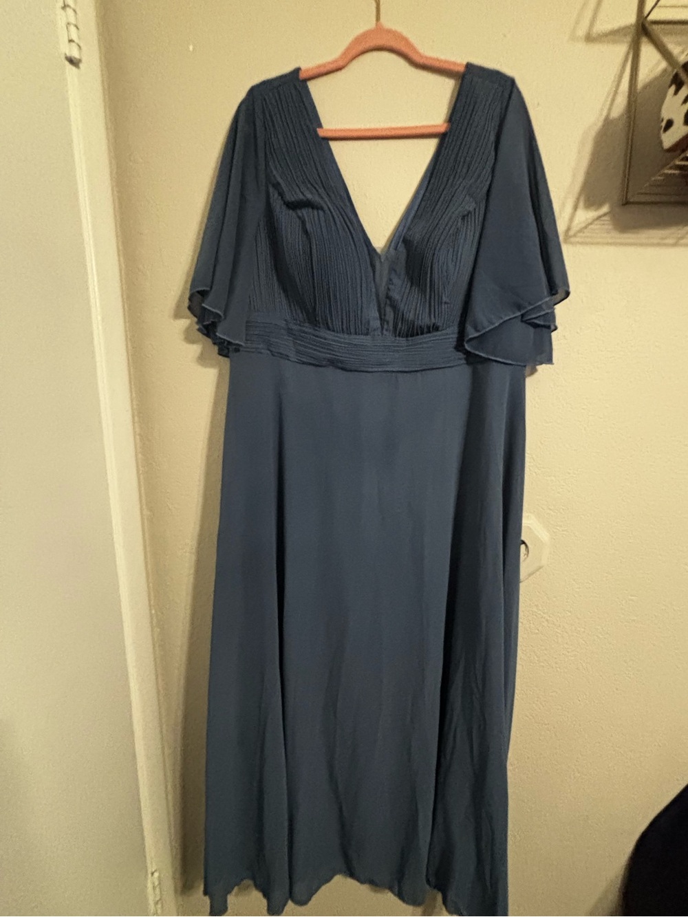 SHEIN Slate Blue V-Neck Pleated Bodice Flutter Sleeve Dress
